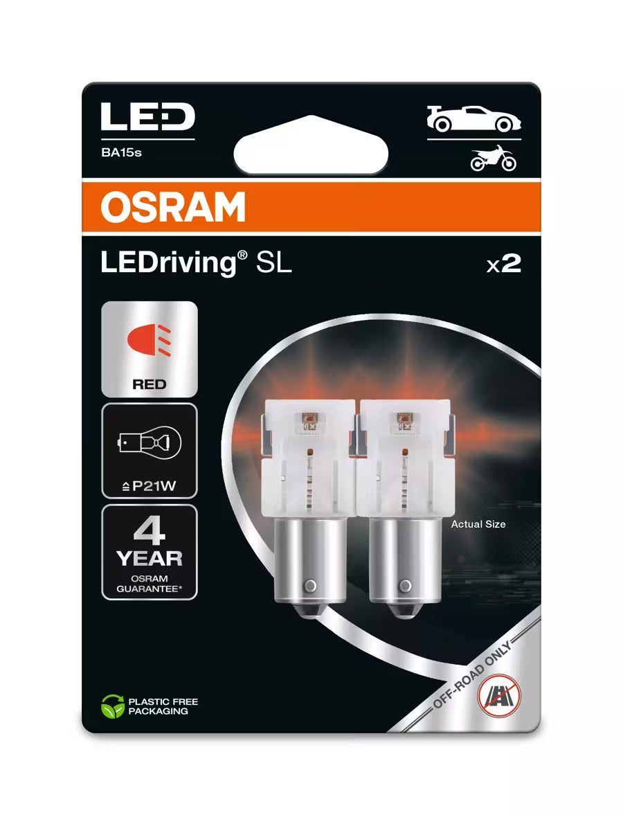 Conjunto 2 Lâmpadas P21W BA15S Vermelho 12V 1.4W Osram LEDriving