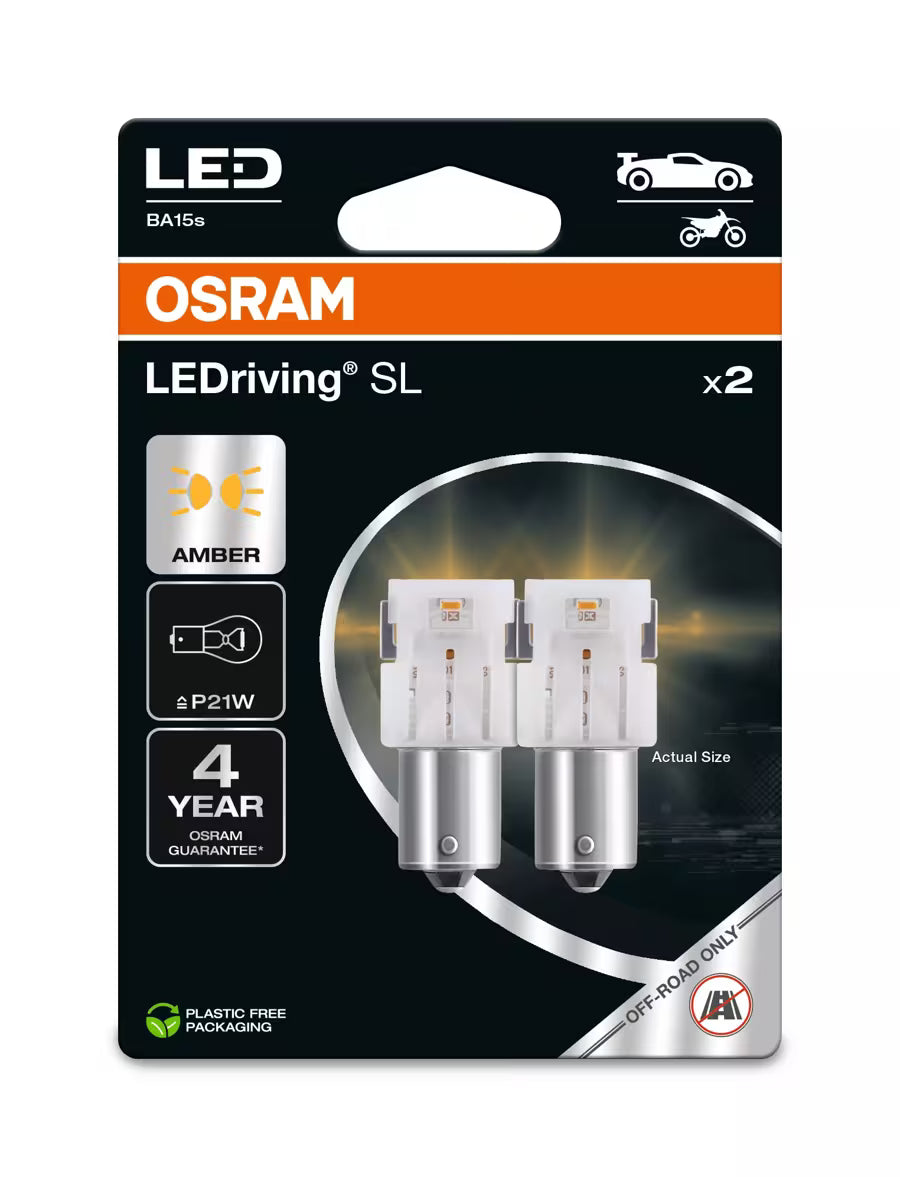 Set of 2 P21W BA15S AMBER 12V Osram LEDriving Bulbs